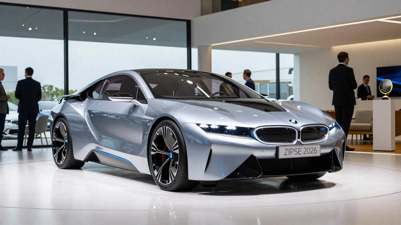 Carro esportivo cinza prata BMW i8 exibido em showroom moderno com pessoas ao fundo.