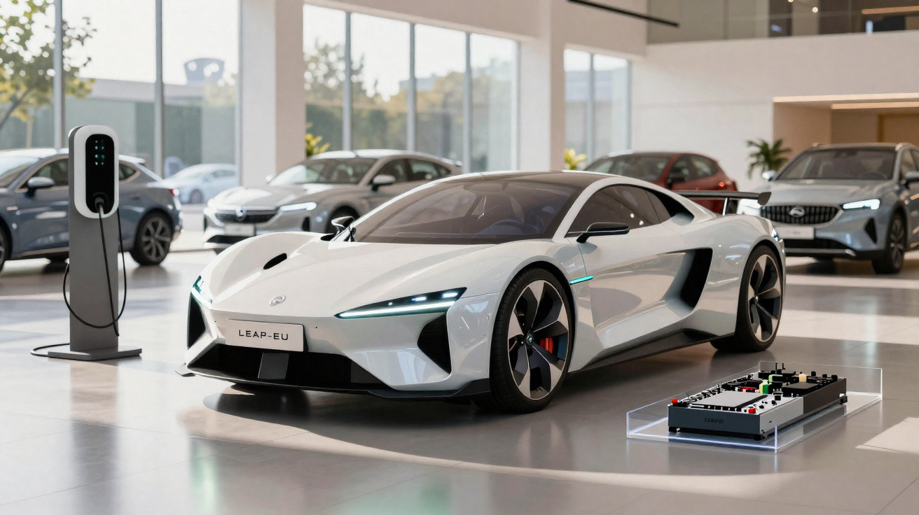 Carro esportivo elétrico branco em showroom com estação de recarga e outros veículos ao fundo.