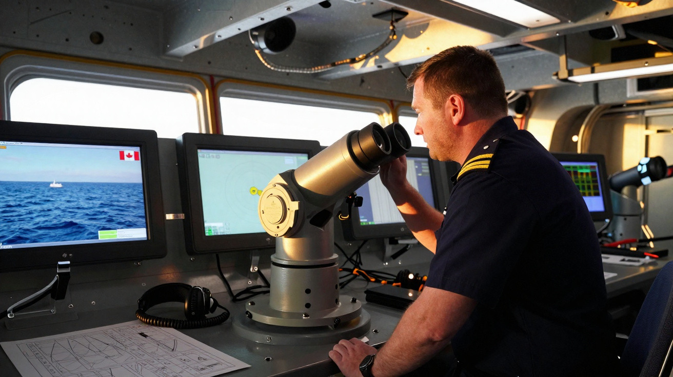 Homem em uniforme naval observa o mar por equipamento óptico em controle de navio.