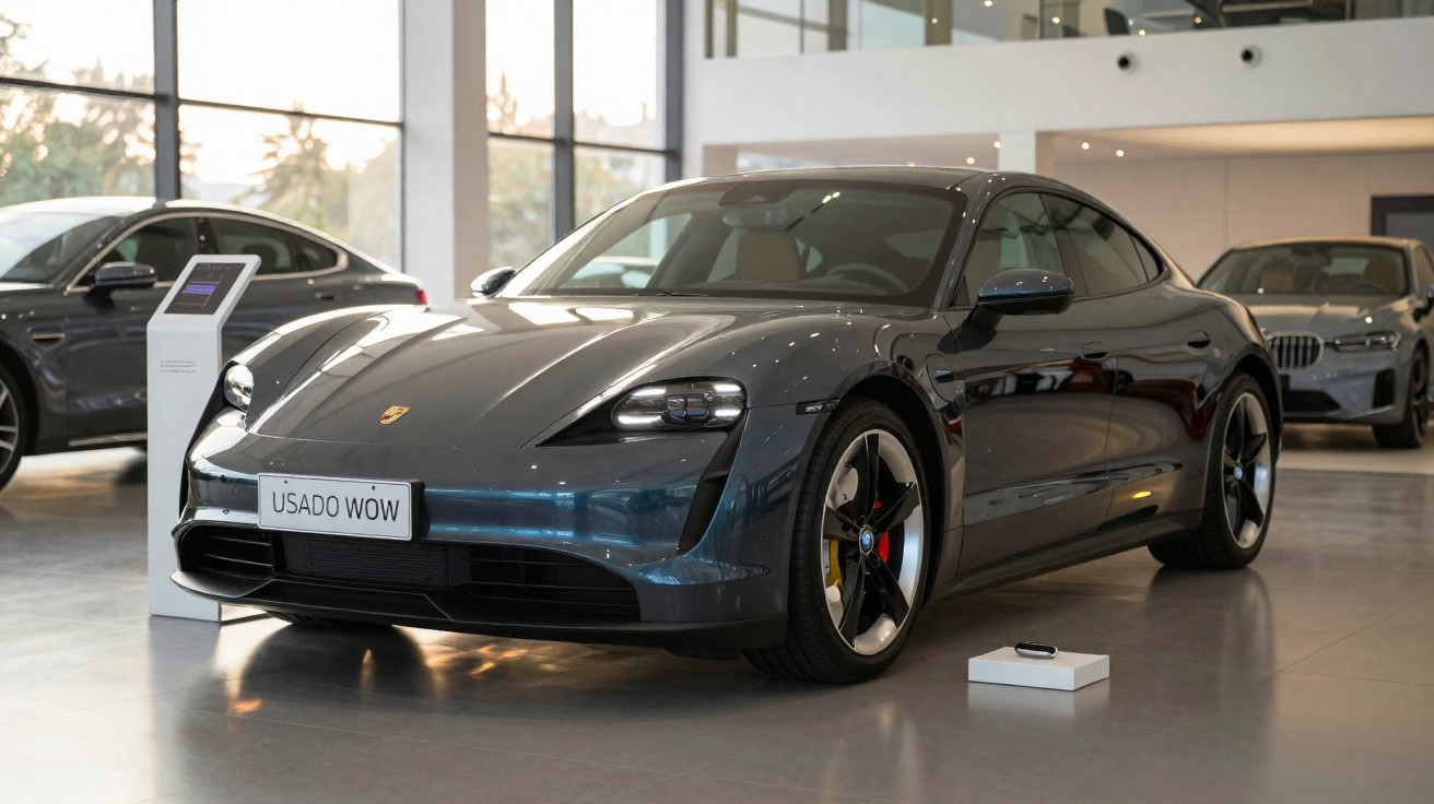 Carro esportivo elétrico cinza escuro Porsche Taycan em exposição em showroom moderno.