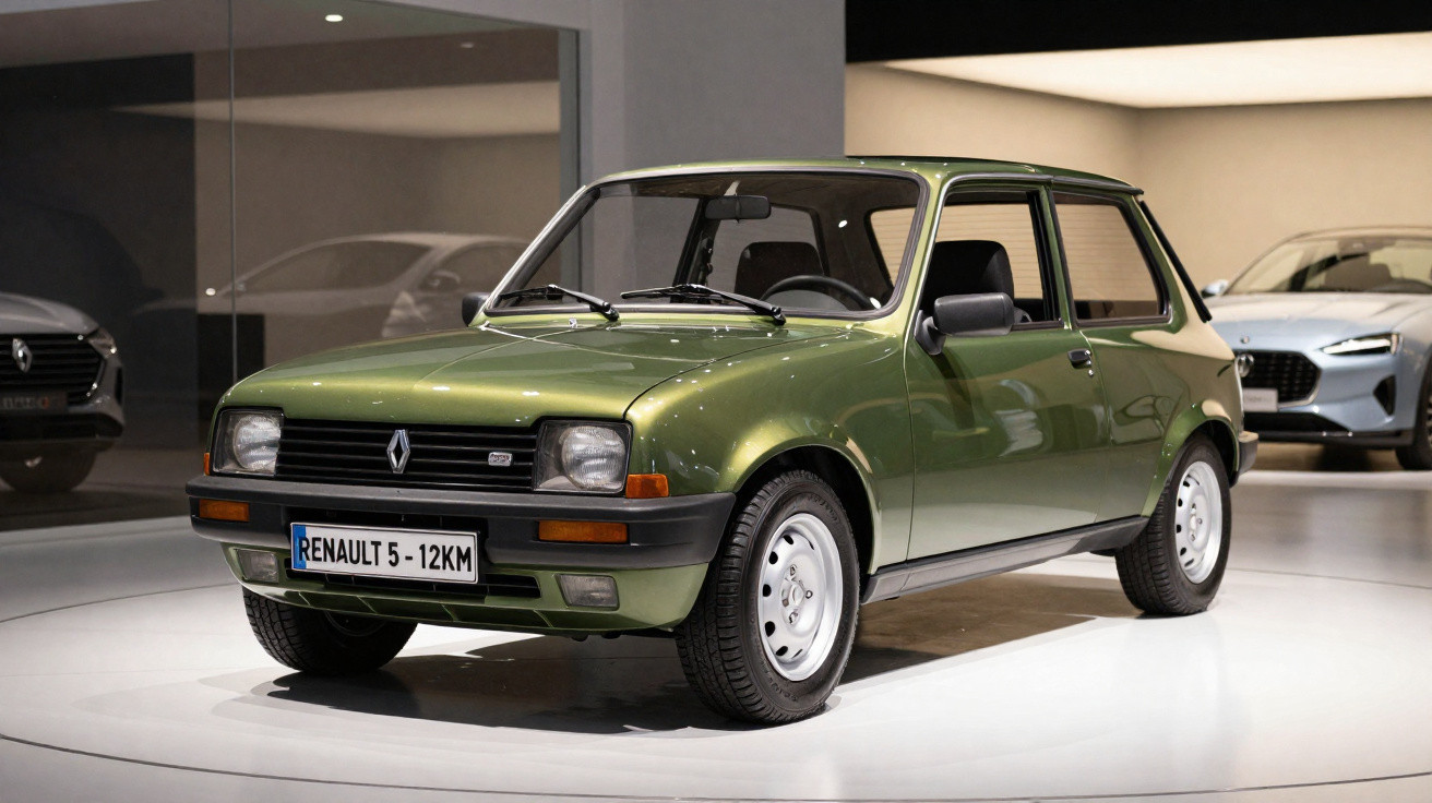 Carro Renault 5 verde em exibição, com design compacto e clássico dos anos 1980.