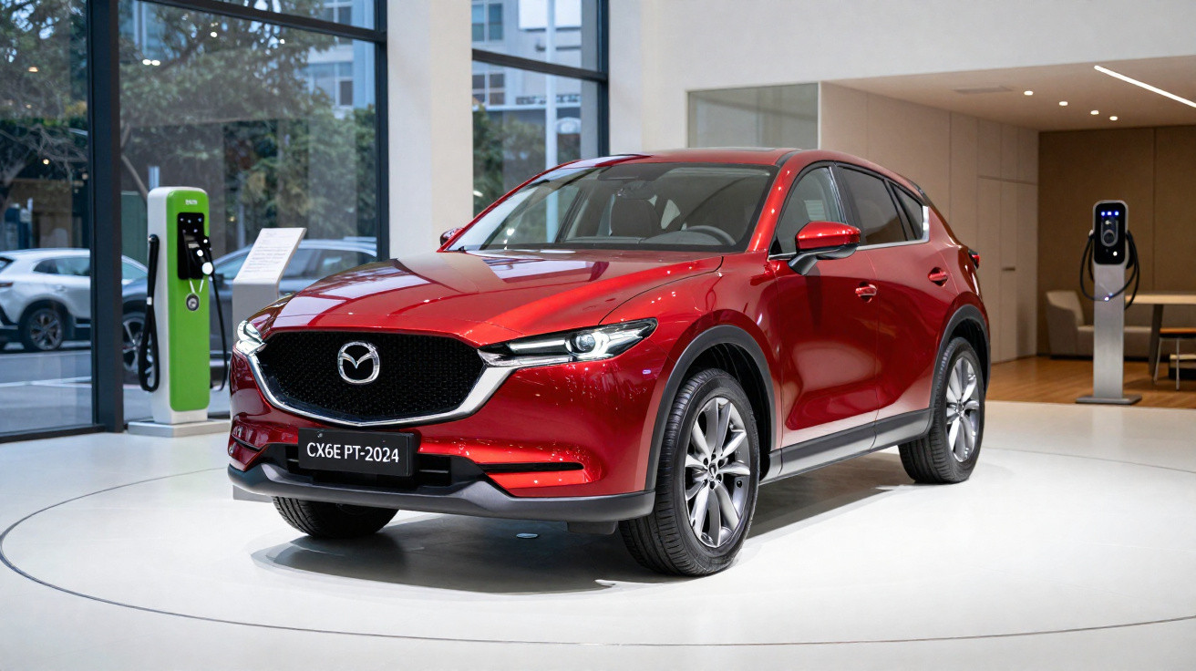 Carro vermelho Mazda CX6E PT-2024 exibido em showroom com estação de carregamento ao fundo.