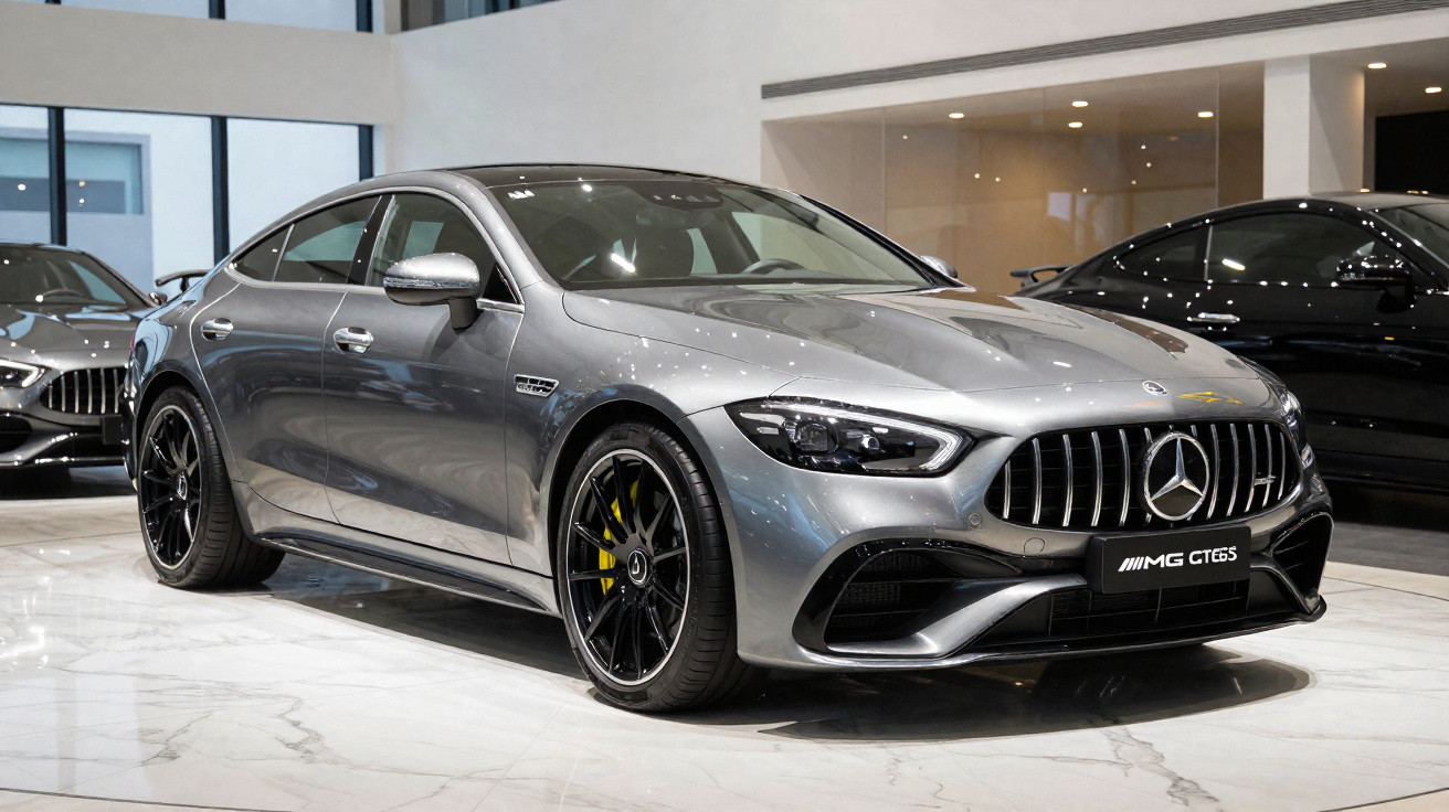 Carro esportivo Mercedes-AMG GT 63 S cinza em exposição dentro de showroom moderno.