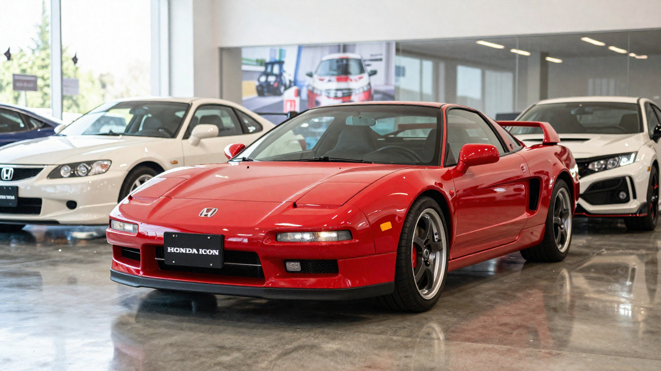 Carro esportivo vermelho Honda NSX em exposição interna, ao lado de veículos brancos, em piso de concreto brilhante.