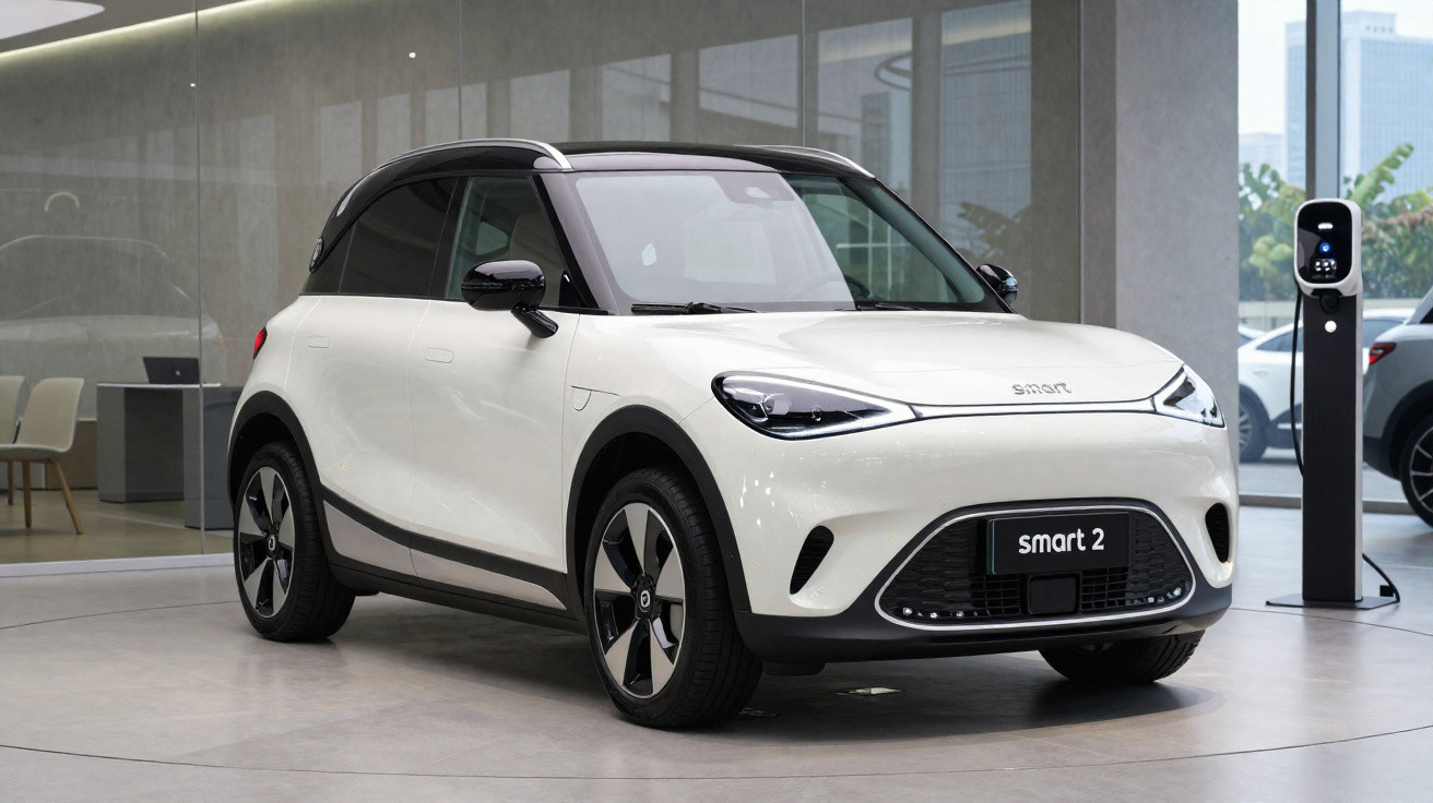 Carro elétrico Smart 2 branco com teto preto estacionado em showroom moderno e iluminado.