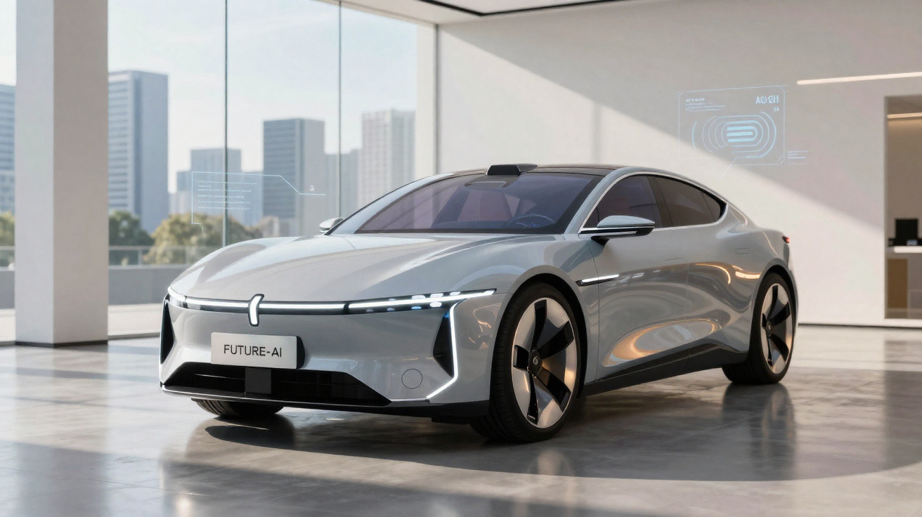 Carro futurista elétrico cinza estacionado em ambiente moderno com janelas amplas e vista urbana.