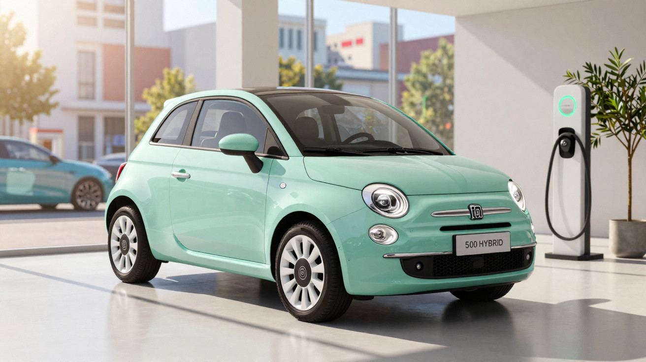 Carro híbrido Fiat 500 verde claro estacionado em ambiente interno próximo a estação de recarga elétrica.