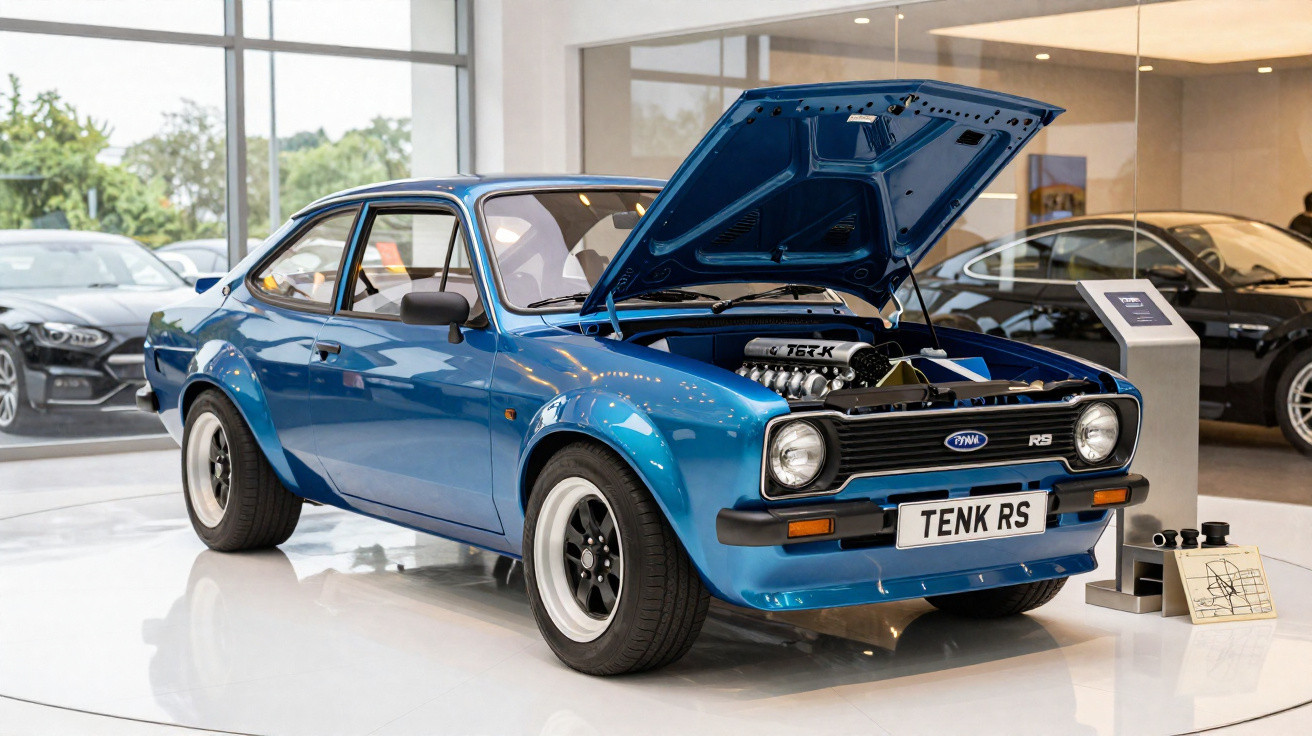 Carro clássico azul TENK RS exposto em showroom com capô aberto mostrando motor potente.
