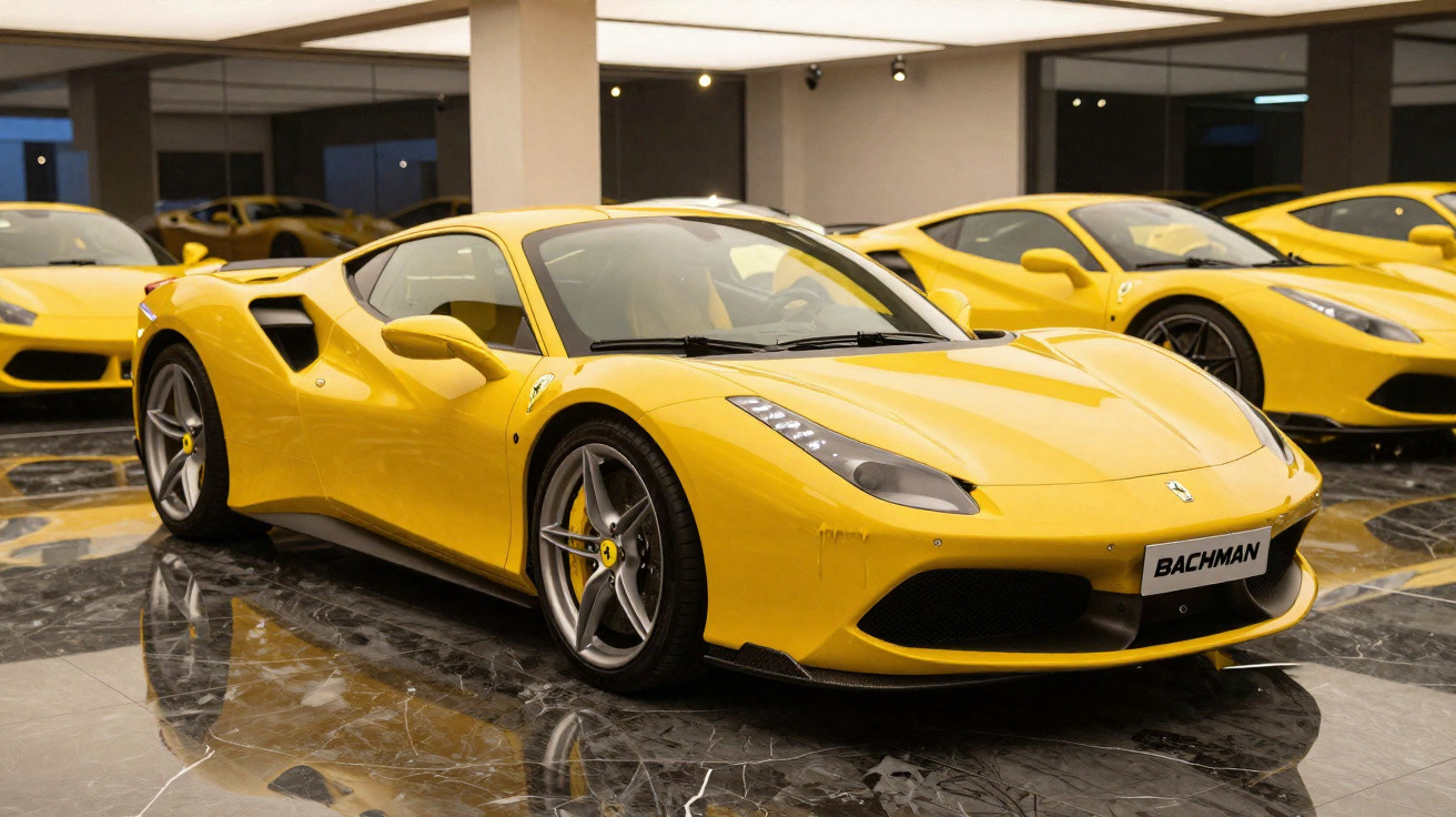 Carro esportivo amarelo Ferrari estacionado em showroom com piso de mármore e outros carros ao fundo.
