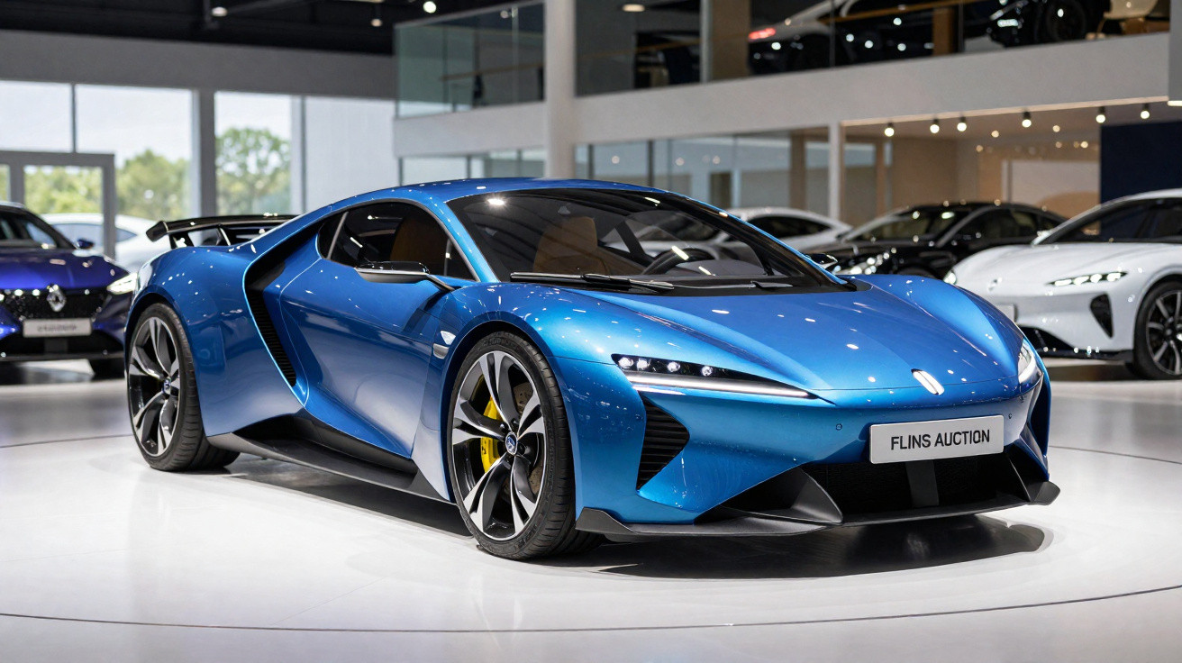 Carro esportivo azul em exibição em salão de automóveis moderno com placas Flins Auction.