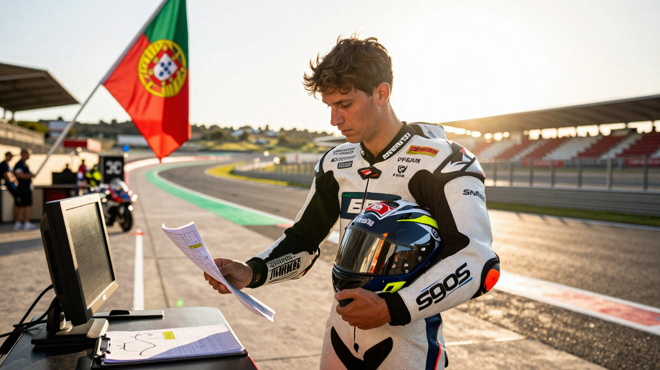 Piloto de moto em pista de corrida segurando capacete e estudando anotações com bandeira de Portugal ao fundo.