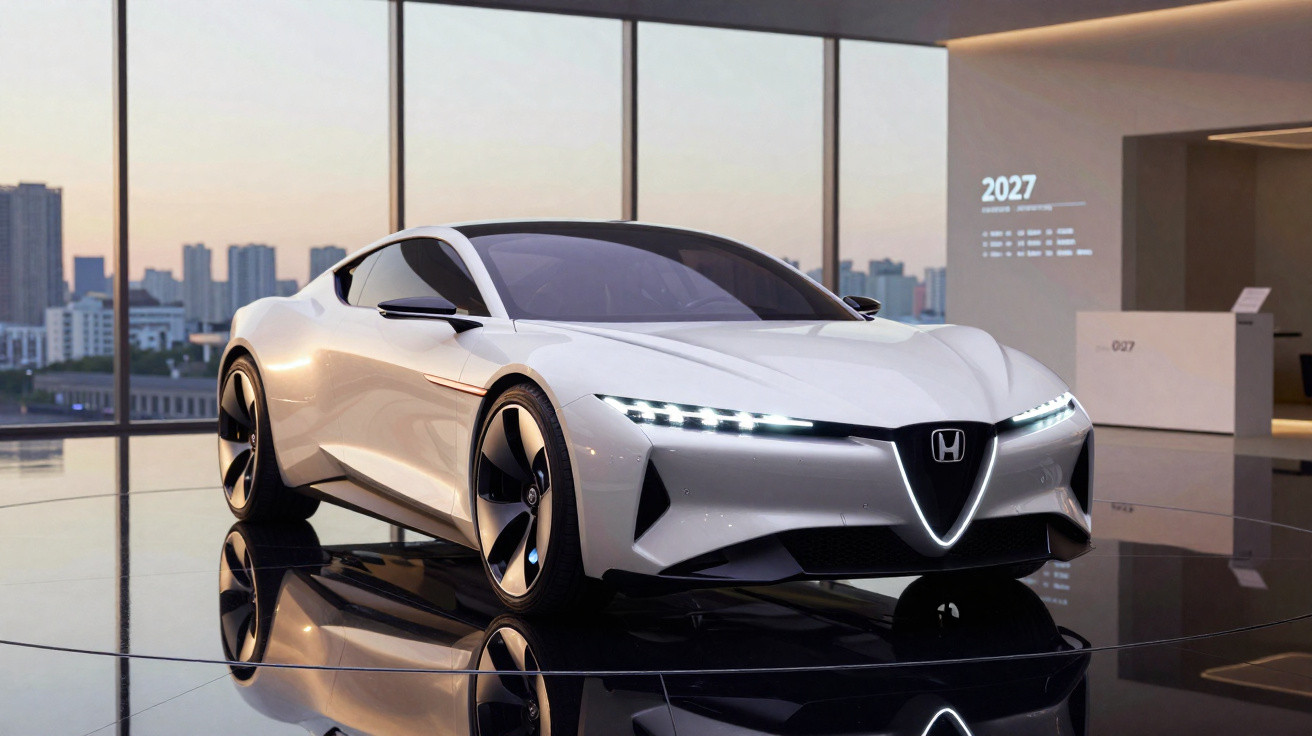 Carro esportivo branco futurista da Honda em exposição com iluminação moderna e vista urbana ao fundo.
