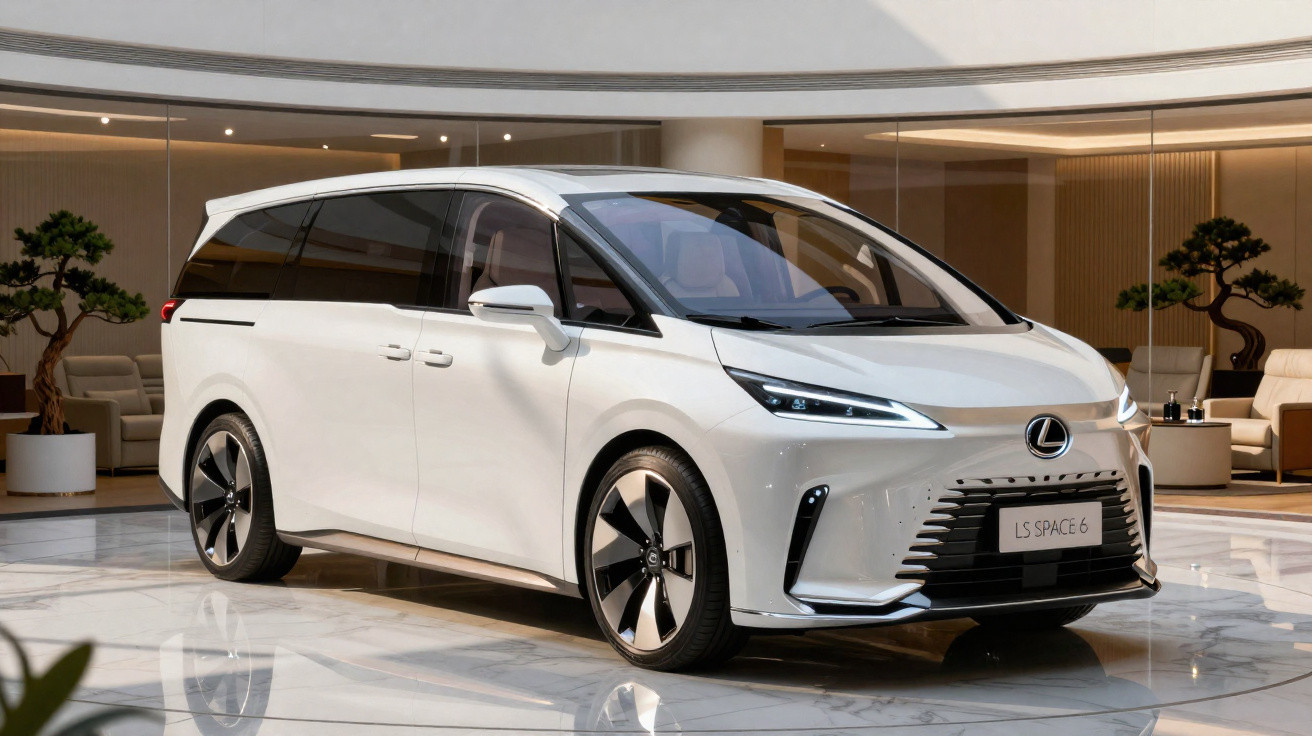 Van branca Lexus LS Space 6 estacionada em ambiente interno moderno com sofás e plantas decorativas.