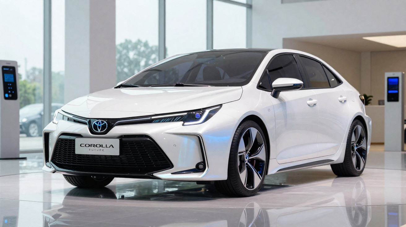 Carro branco Toyota Corolla Future exibido em showroom moderno com piso brilhante e paredes de vidro.