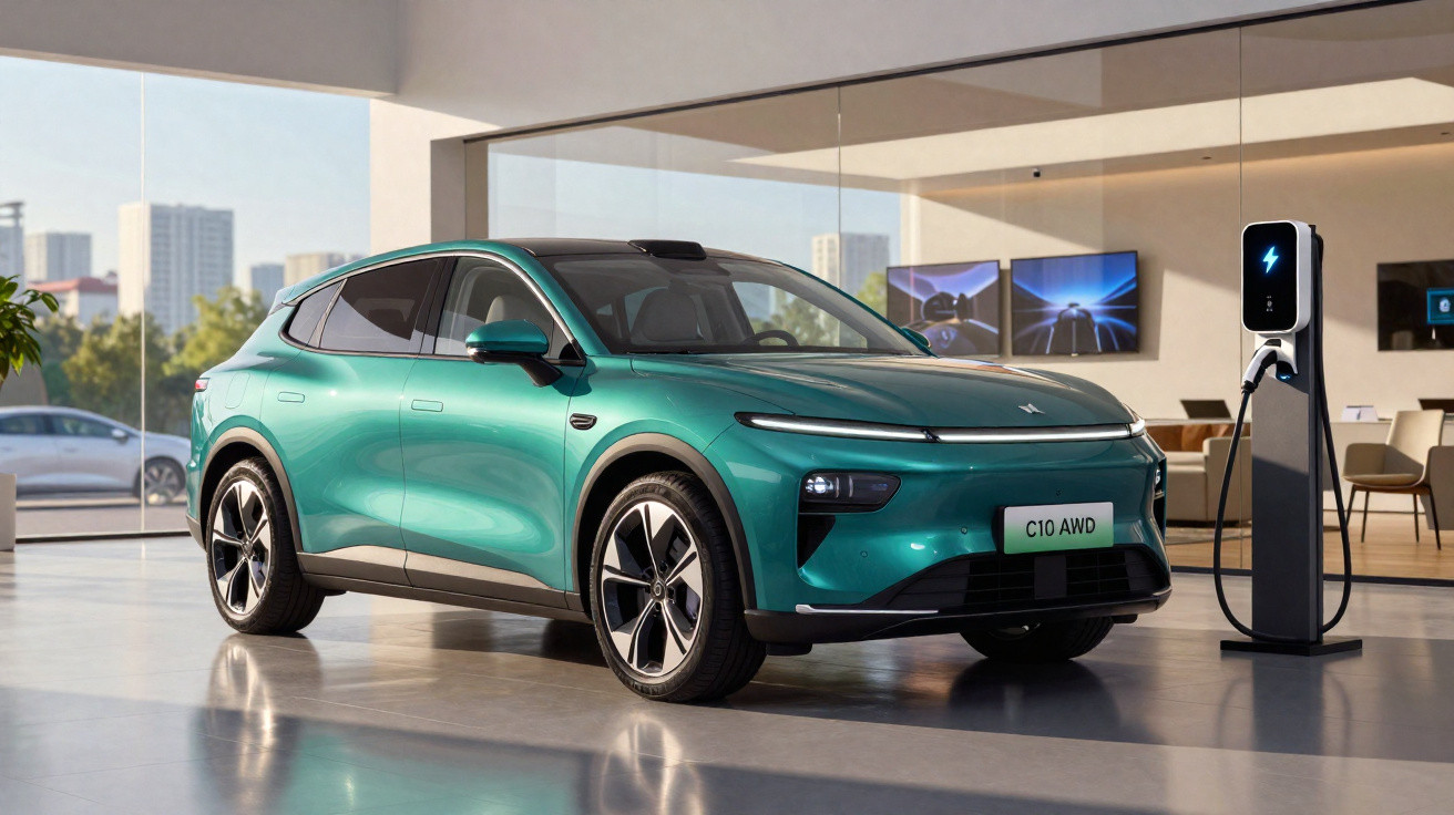 Carro elétrico verde estacionado ao lado de uma estação de recarga em ambiente interno moderno.