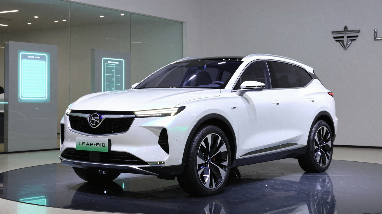 SUV elétrico branco Leap-Bio exibido em vitrine moderna com detalhes em preto e rodas grandes.
