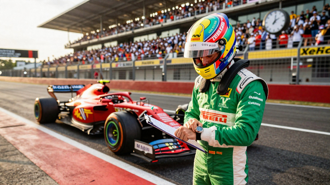 Piloto de corrida com macacão verde e capacete colorido assina prancheta ao lado de carro de Fórmula 1 vermelho.