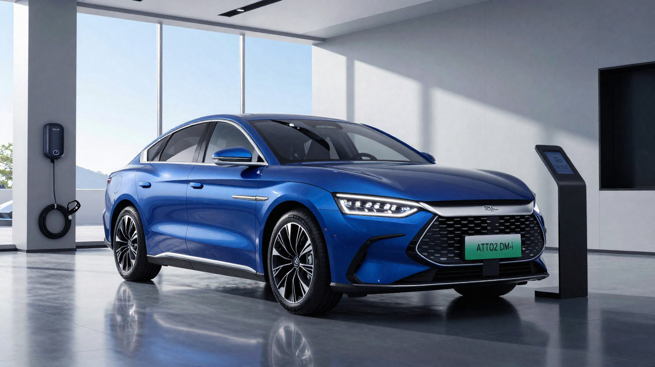 Carro elétrico azul estacionado em ambiente interno moderno com carregador elétrico na parede.