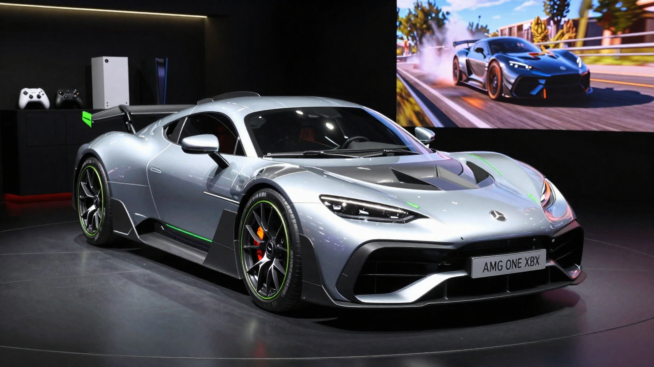 Carro esportivo prata Mercedes AMG One em exposição com controles Xbox e TV ao fundo.