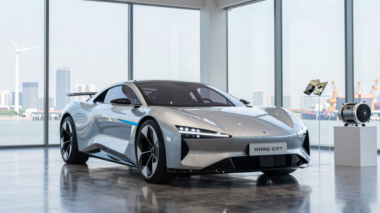 Carro esportivo elétrico cinza em exposição dentro de prédio com janelas de vidro grandes e vista urbana.