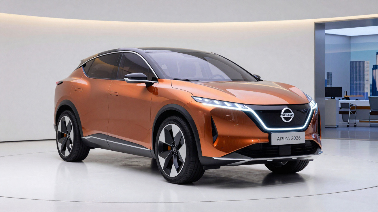 Carro elétrico Nissan Ariya 2026 laranja em exposição interna com design moderno e aerodinâmico.