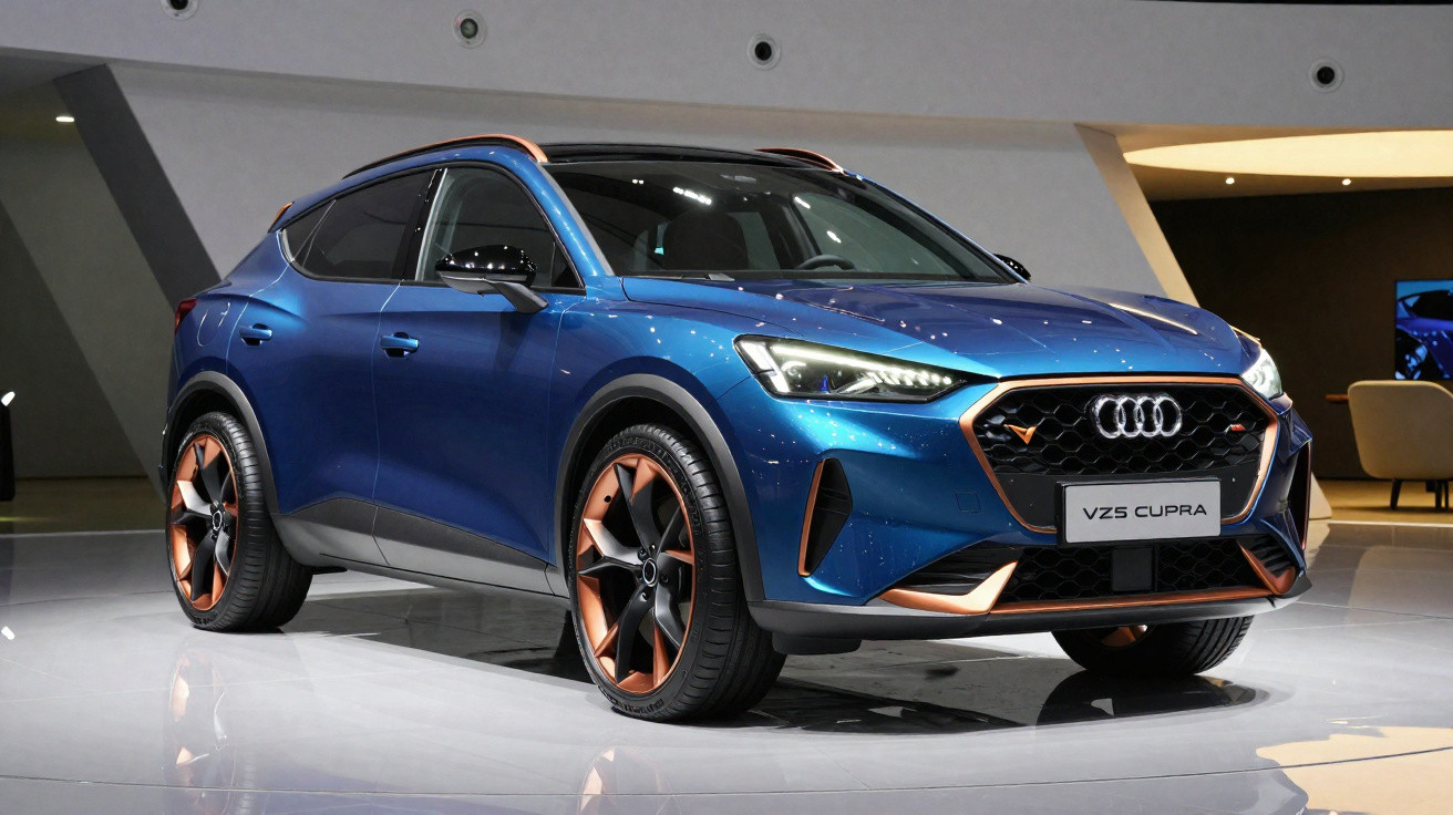Carro Audi VZ5 Cupra azul metálico com detalhes em bronze exposto em salão automotivo.