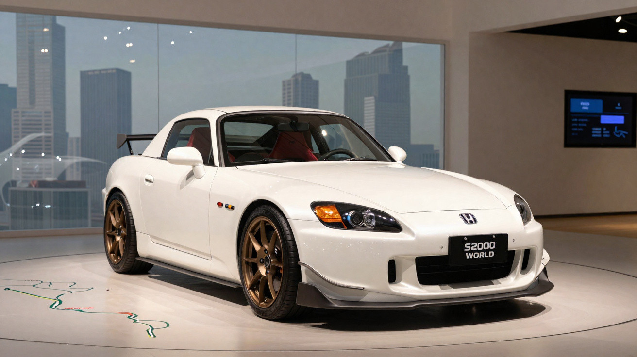 Honda S2000 branco com rodas bronze em exibição em ambiente interno com vista urbana ao fundo.