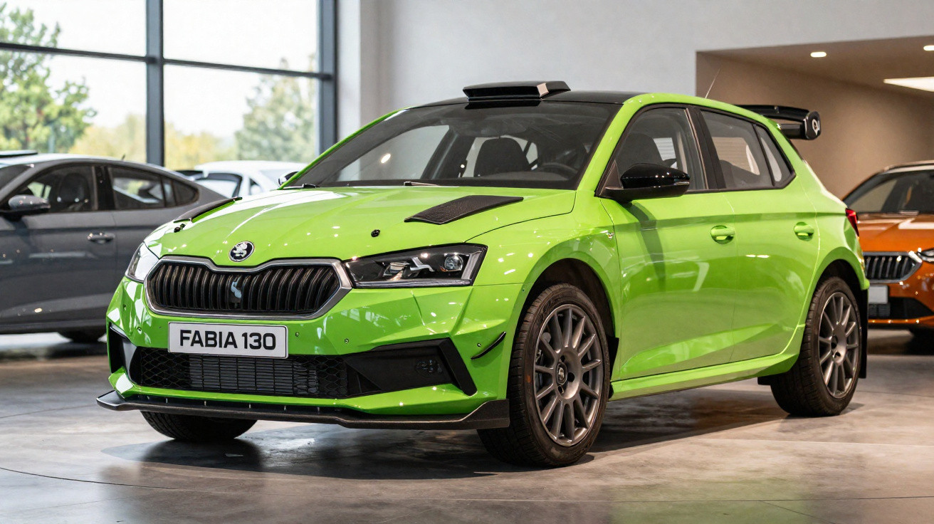 Carro hatchback verde Skoda Fabia 130 em exposição interna com janelas ao fundo.