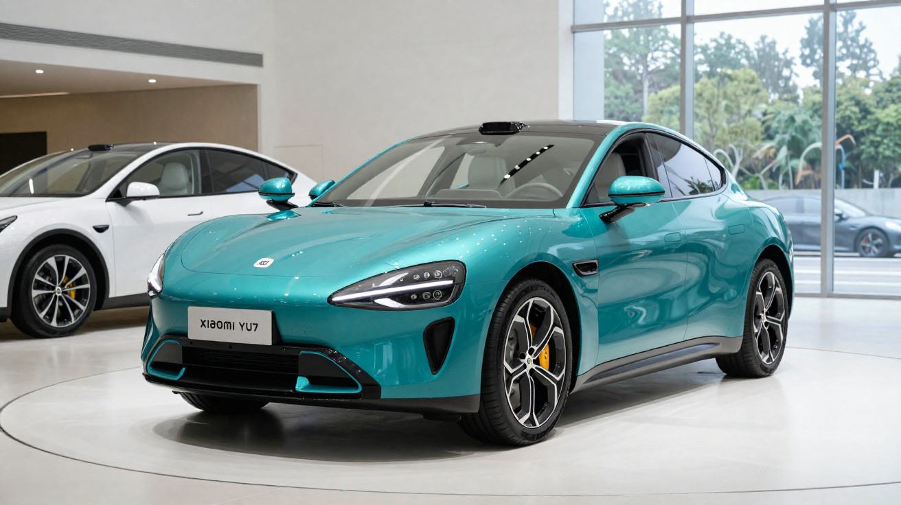 Carro esportivo elétrico verde água Xiaomi YU7 exposto em salão moderno com carro branco ao fundo.