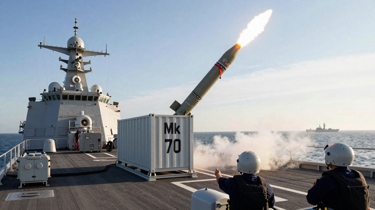 Foguete sendo lançado de navio militar com dois tripulantes observando o disparo no convés.