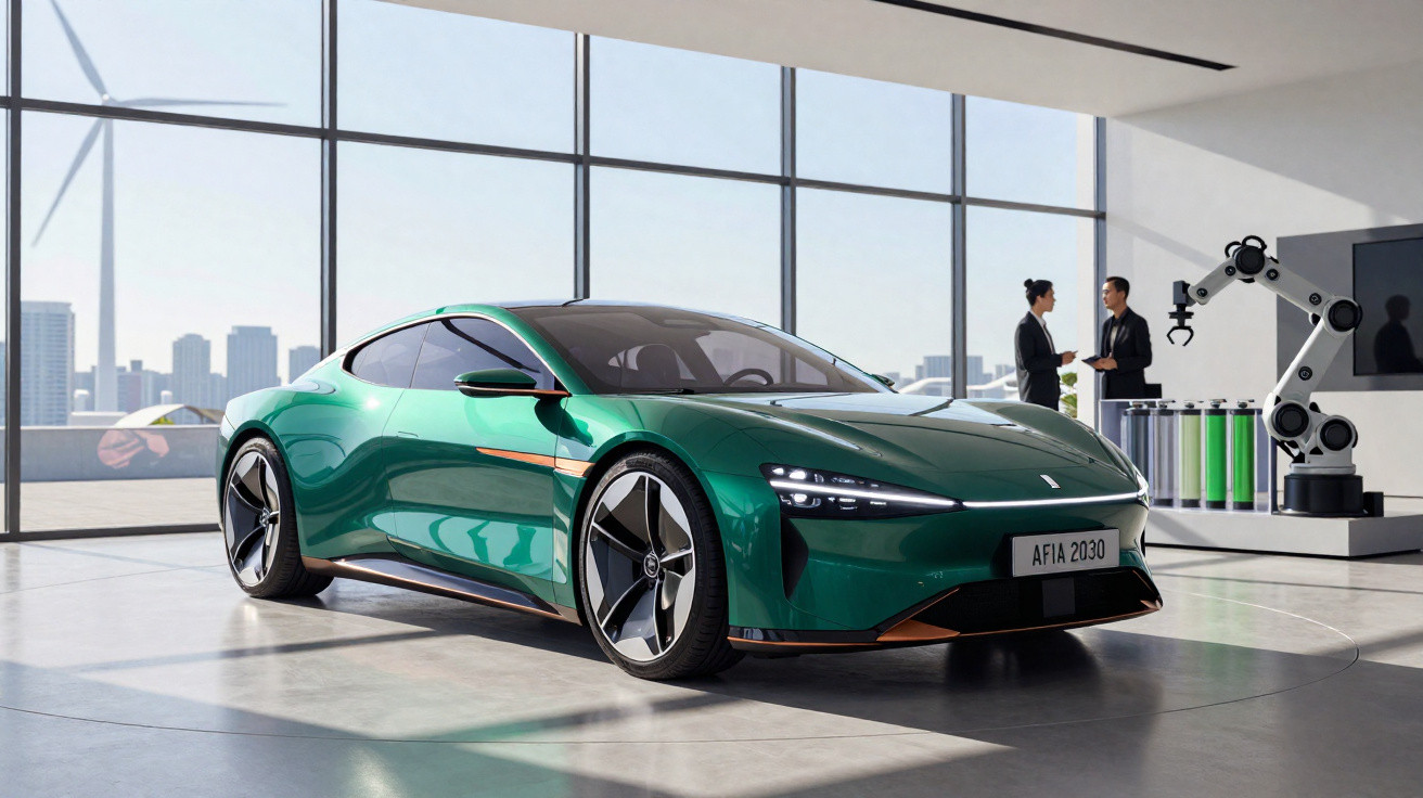 Carro elétrico verde AFIA 2030 em showroom moderno com duas pessoas conversando e robô industrial ao fundo.
