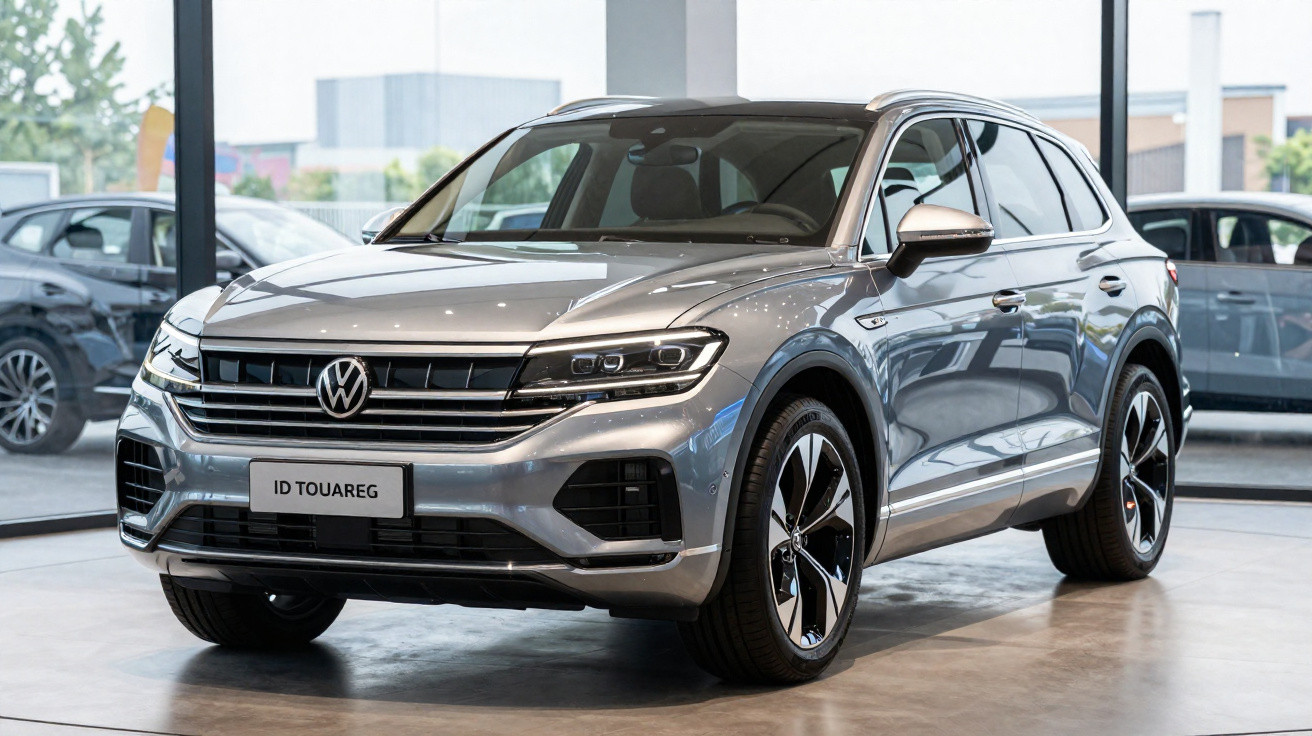 Carro SUV Volkswagen ID Touareg prata exibido em showroom com grandes janelas ao fundo.