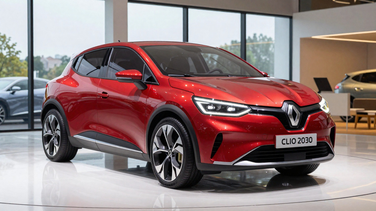 Carro vermelho Renault Clio 2030 exibido em showroom moderno com luz natural e ambiente clean.