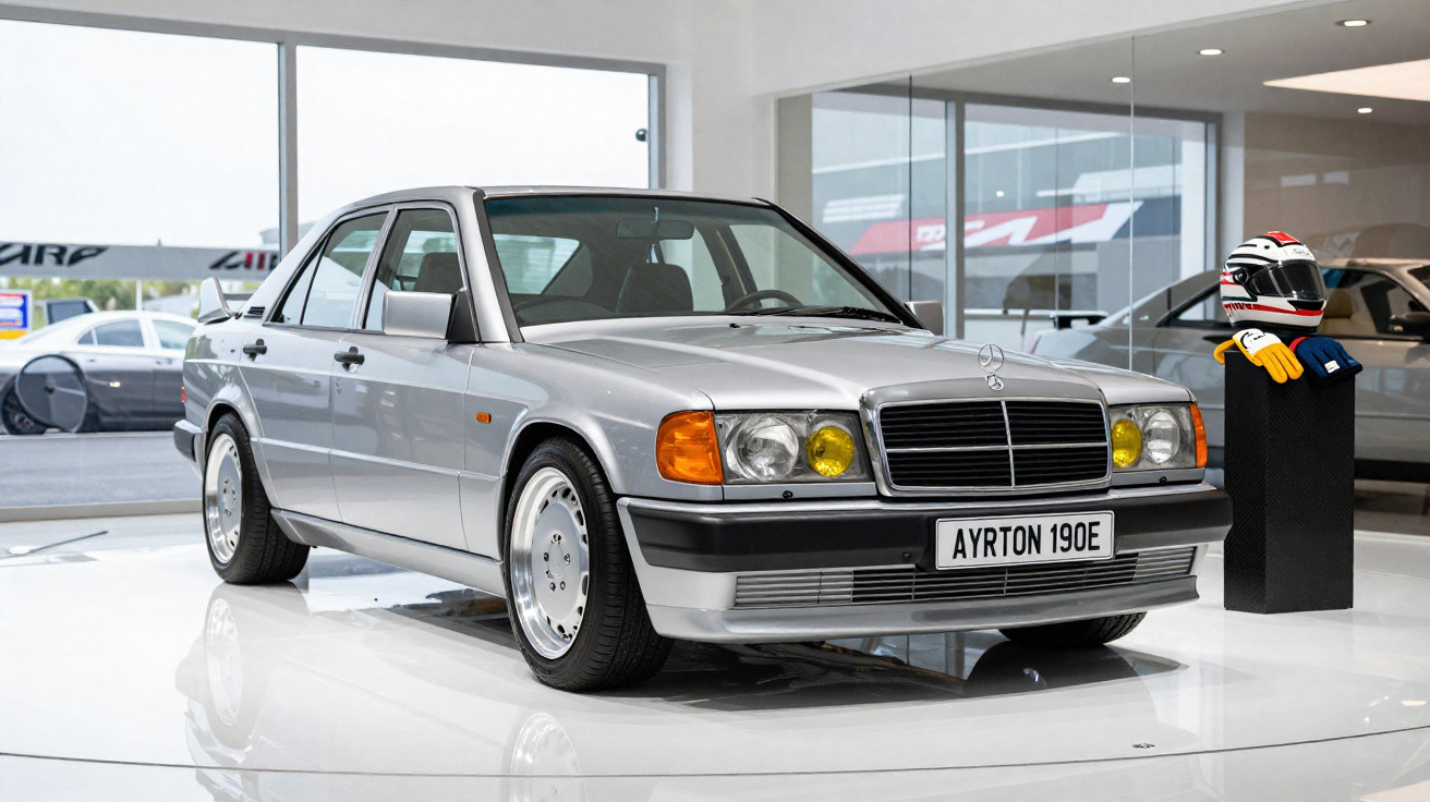 Carro Mercedes-Benz prata clássico exposto em showroom com capacete e luvas de corrida ao lado.