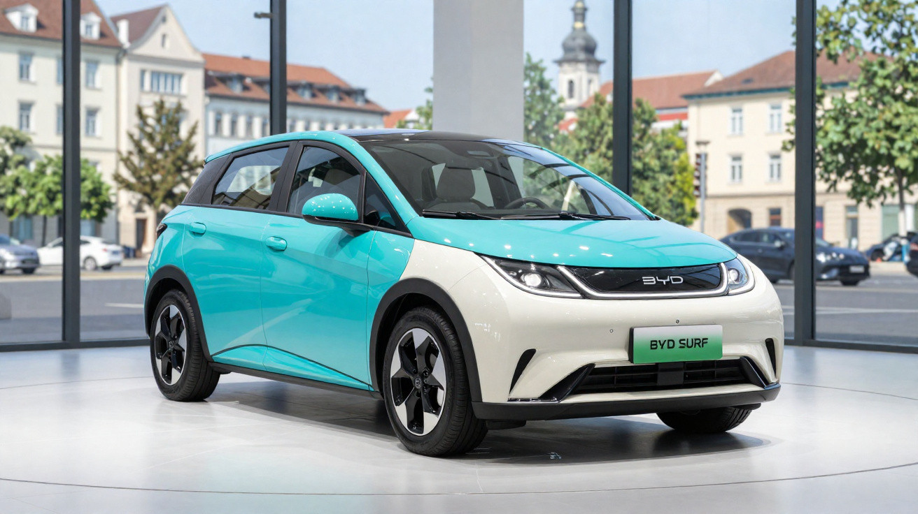 Carro elétrico BYD Surf azul e branco exposto em salão com vista urbana ao fundo.