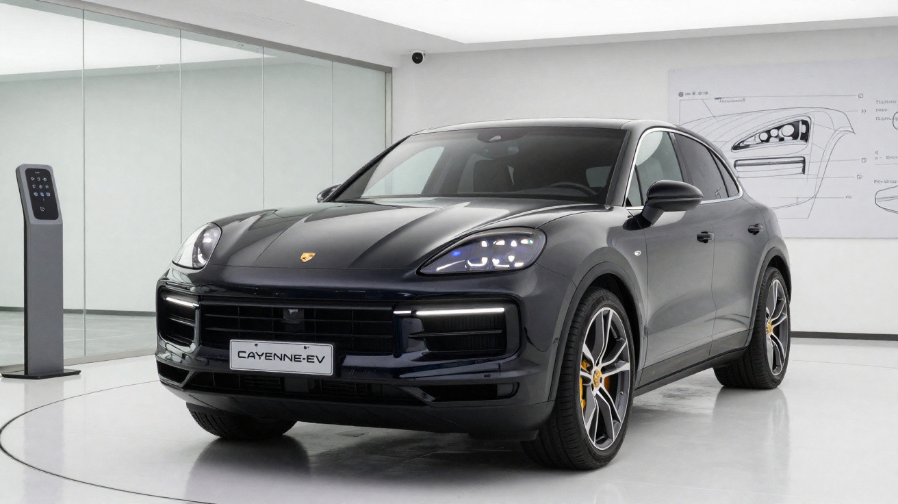 Carro Porsche Cayenne EV preto em exibição, com design moderno e rodas esportivas, em ambiente branco minimalista.