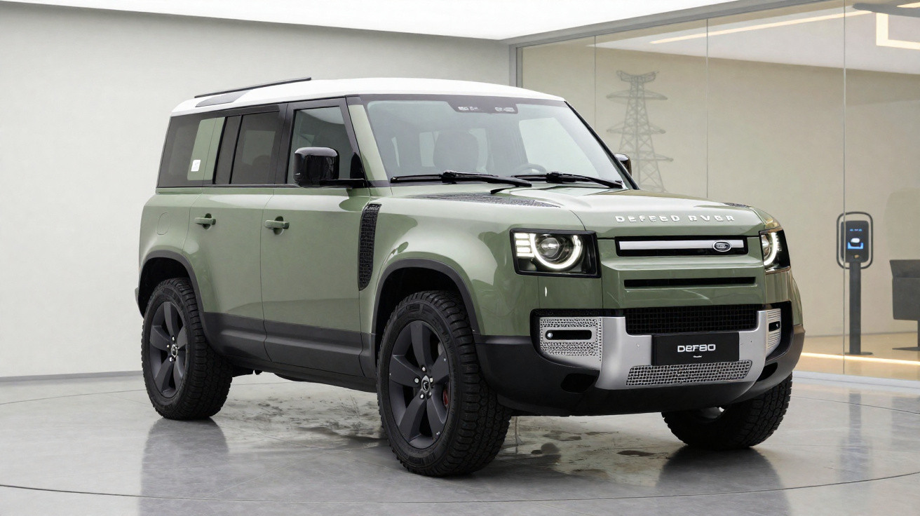 Carro SUV verde exército Land Rover Defender estacionado em garagem moderna com parede de vidro.