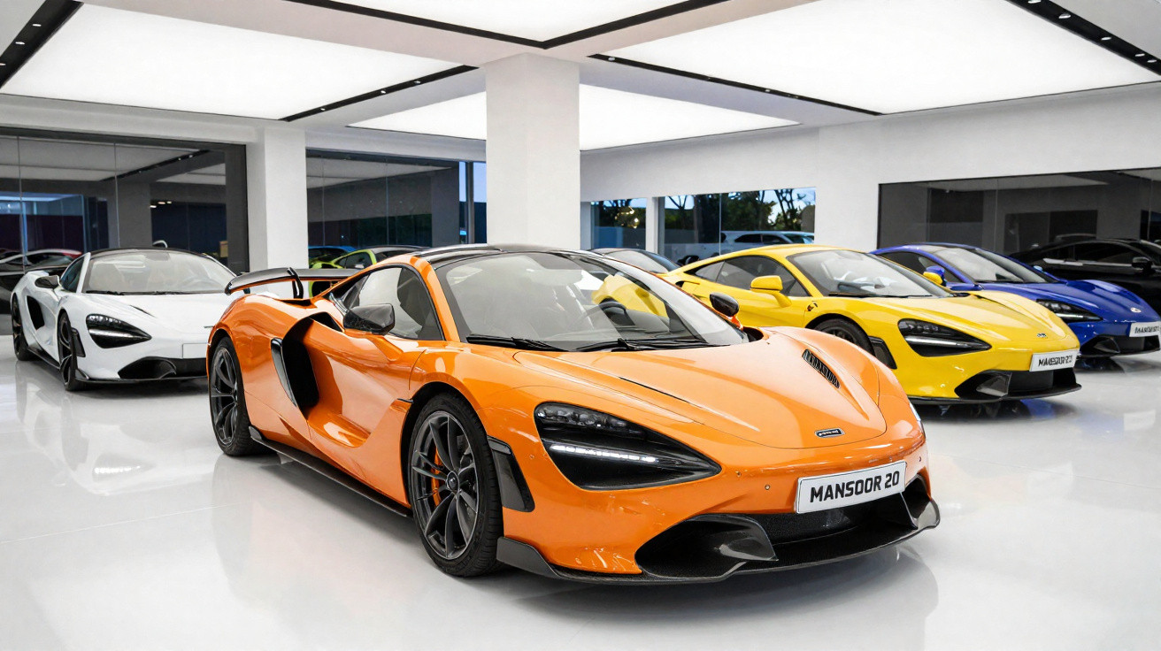 Carros esportivos McLaren em showroom, destaque para o modelo laranja em primeiro plano.