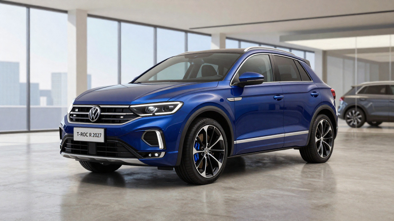 Carro Volkswagen T-Roc R 2027 azul estacionado em ambiente interno moderno e iluminado.