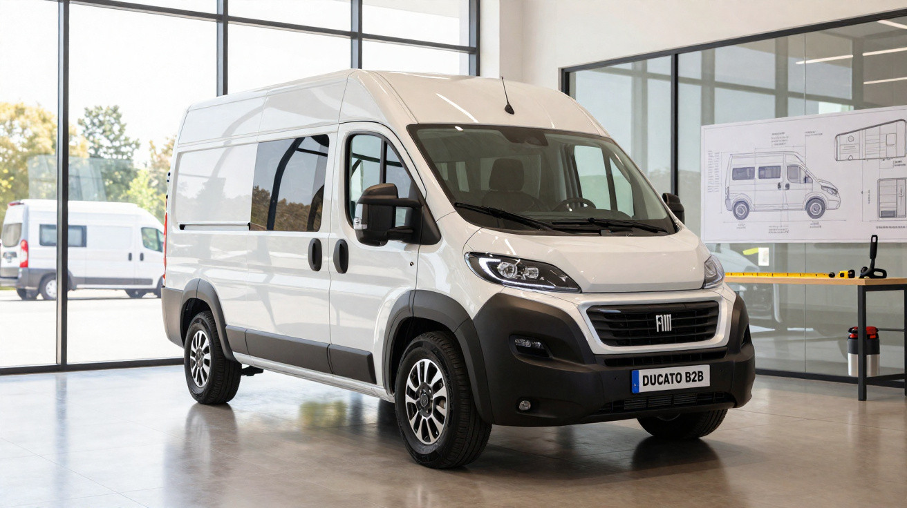Van branca Fiat Ducato B2B estacionada em showroom com plantas e ferramentas ao fundo.