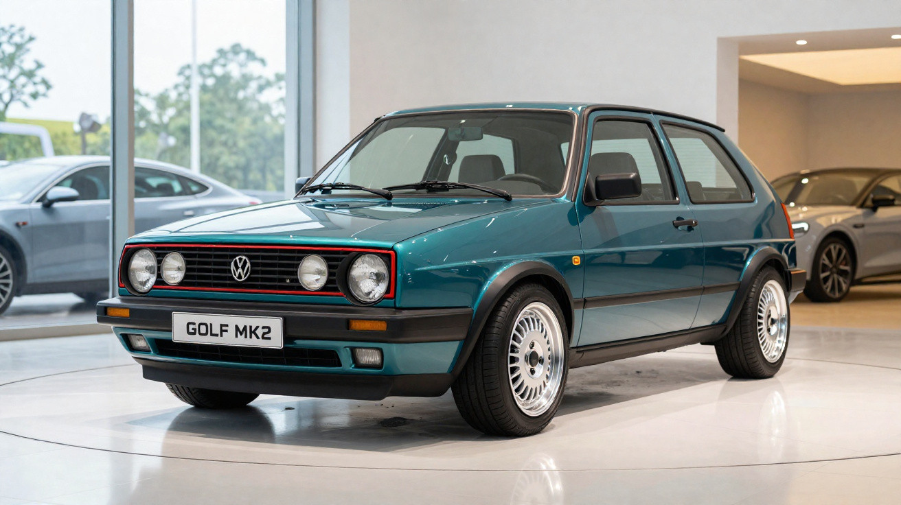Carro Volkswagen Golf MK2 azul exibido em ambiente interno com iluminação natural e outros carros ao fundo.
