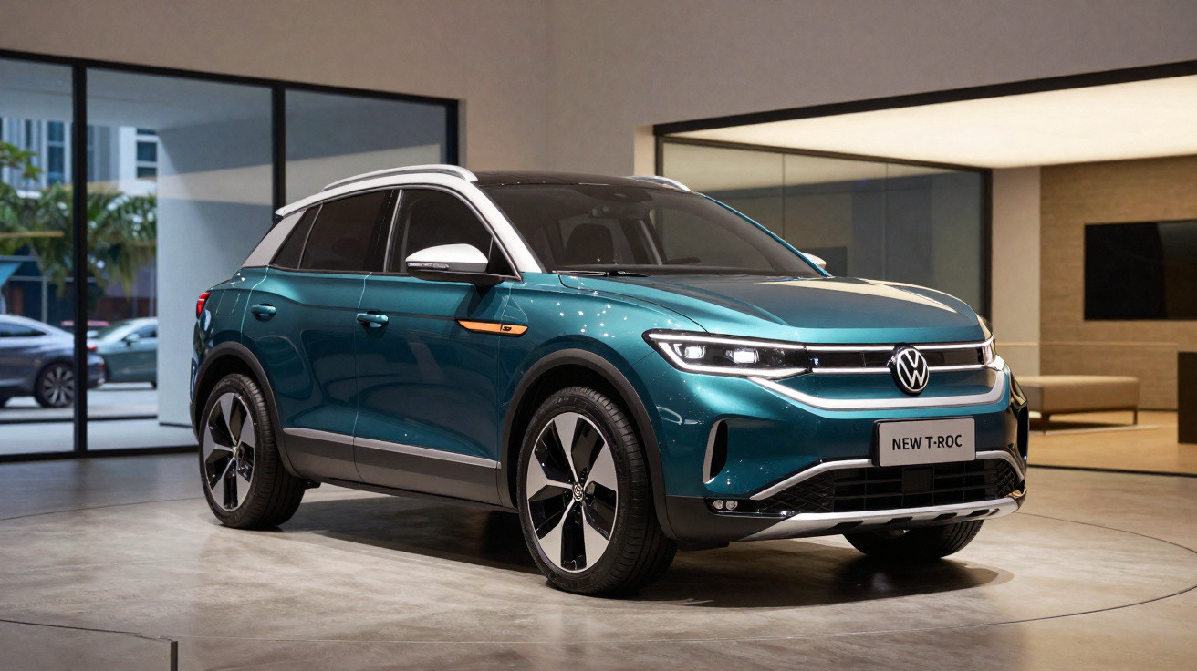 SUV Volkswagen New T-Roc azul com teto branco exposto em showroom moderno.