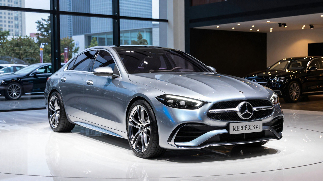 Carro prata Mercedes-Benz exibido em showroom moderno com grandes janelas e piso branco brilhante.