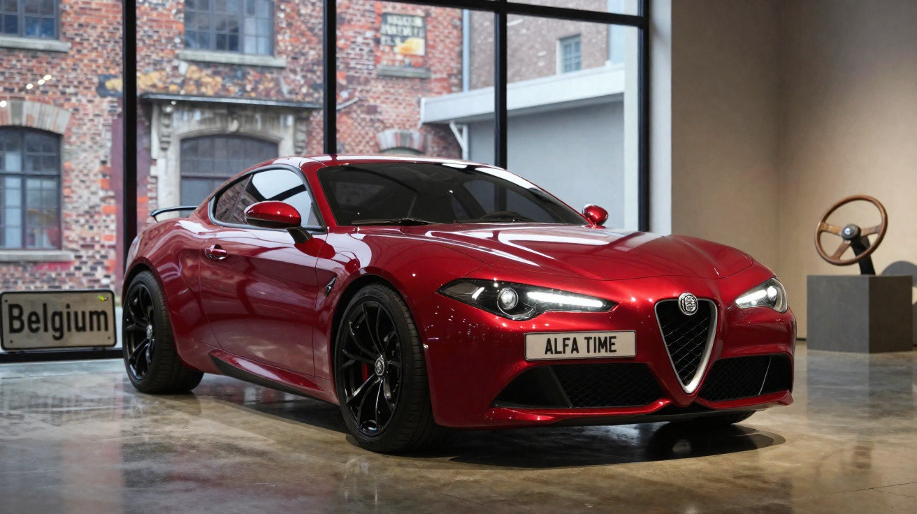 Carro esportivo vermelho Alfa Romeo com rodas pretas exposto em ambiente interno moderno.