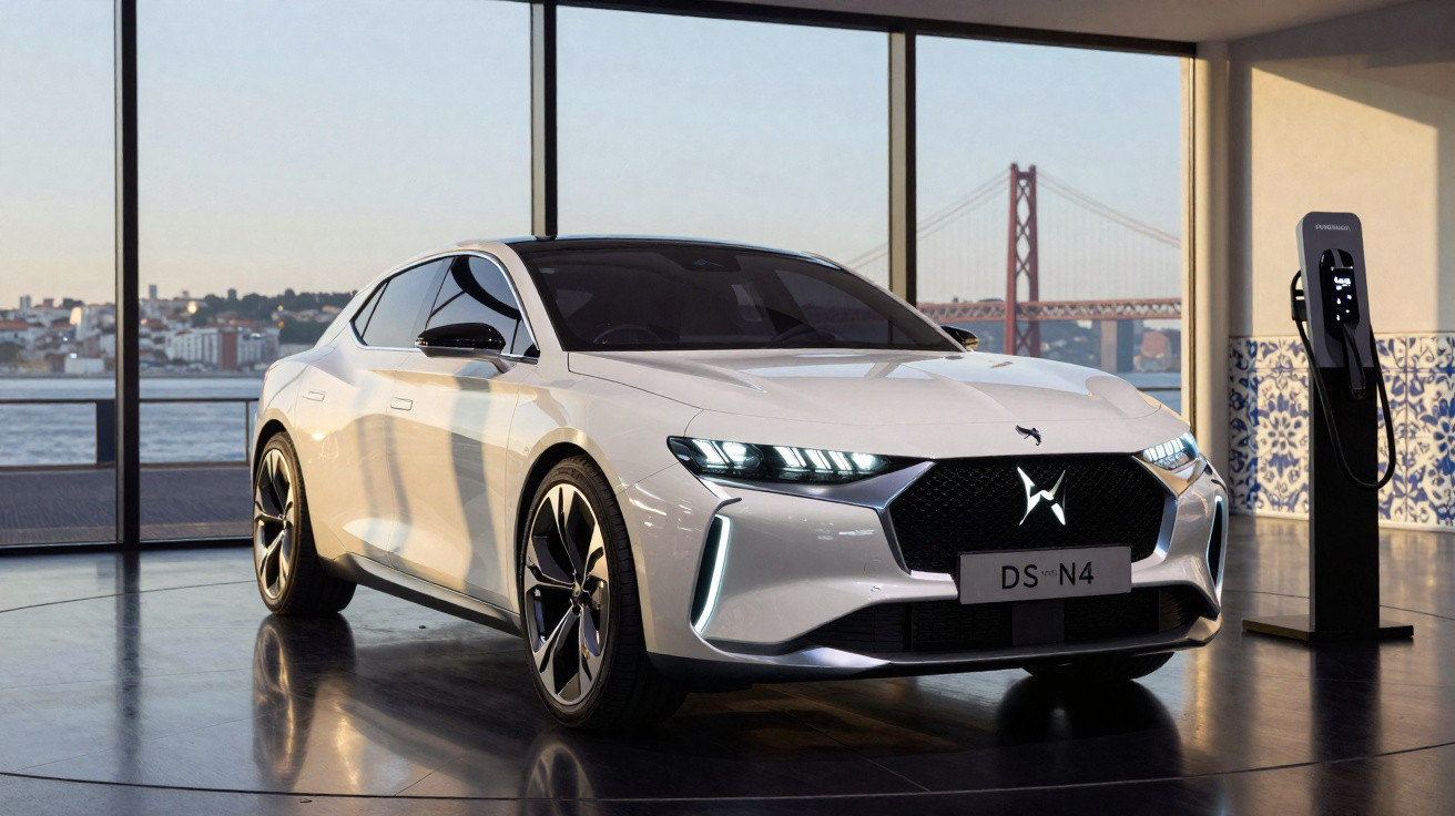 Carro elétrico branco DS N4 exibido em showroom moderno com vista para cidade e ponte ao fundo.