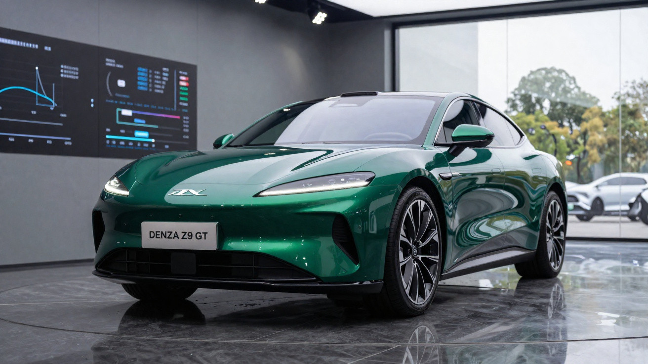 Carro esportivo elétrico verde Denza Z9 GT exposto em ambiente interno moderno com luz natural.