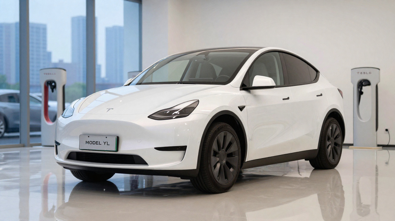 Carro elétrico Tesla Model Y branco estacionado em showroom moderno com carregadores ao fundo.