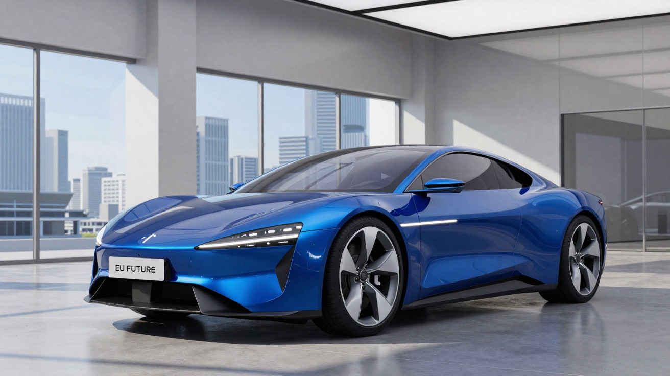 Carro elétrico esportivo azul futurista em showroom com janelas grandes e vista urbana.