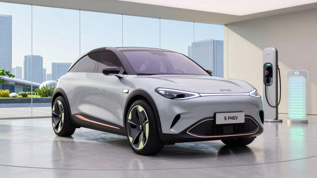 Carro elétrico cinza prata modelo 5 PHEV estacionado em ambiente moderno com carregador ao lado.