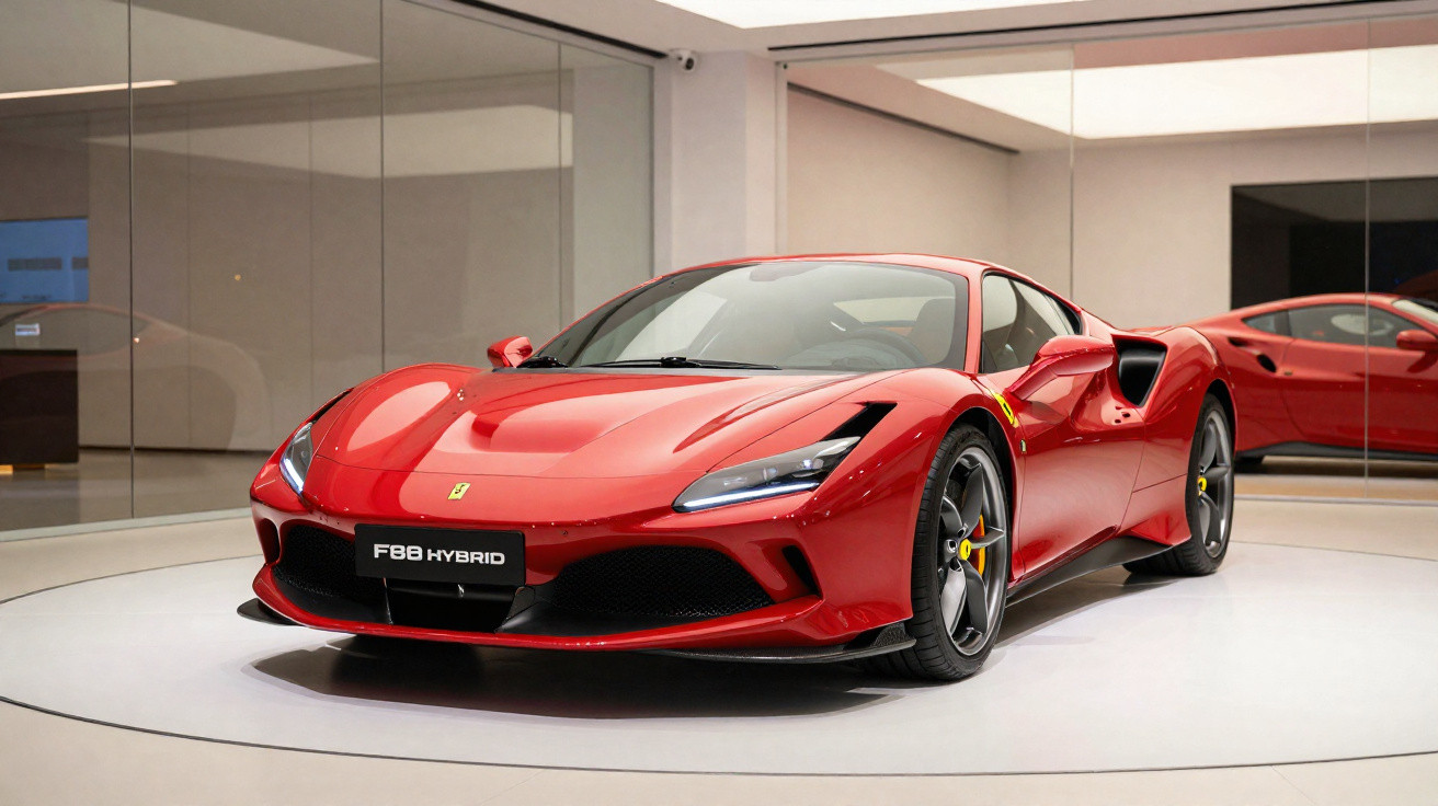 Carro esportivo Ferrari F8 Hybrid vermelho exibido em ambiente moderno com espelhos ao fundo.